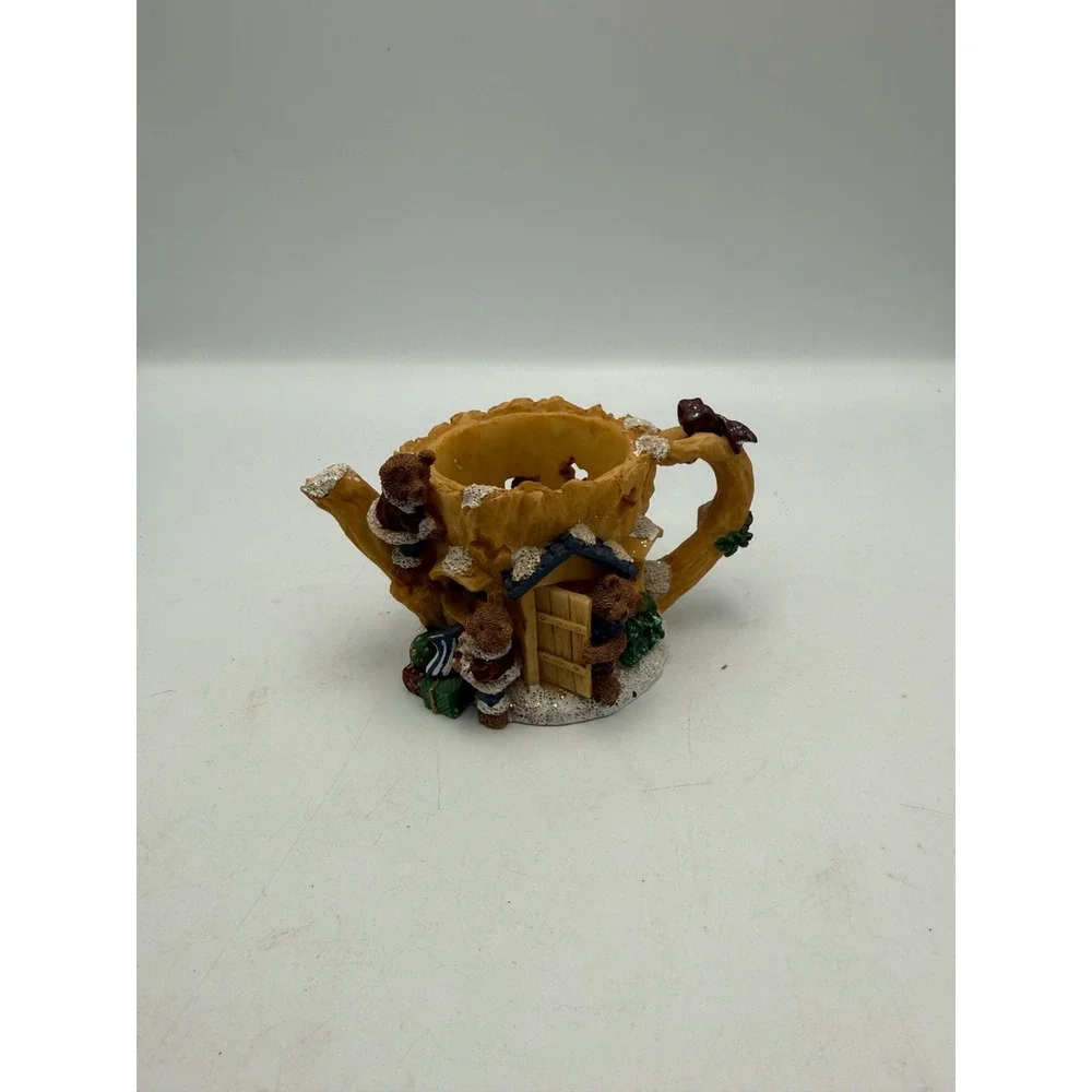 Vintage Christmas Teddy Bear Tree Stump Teapot Votive Candle Holder Resin Decor